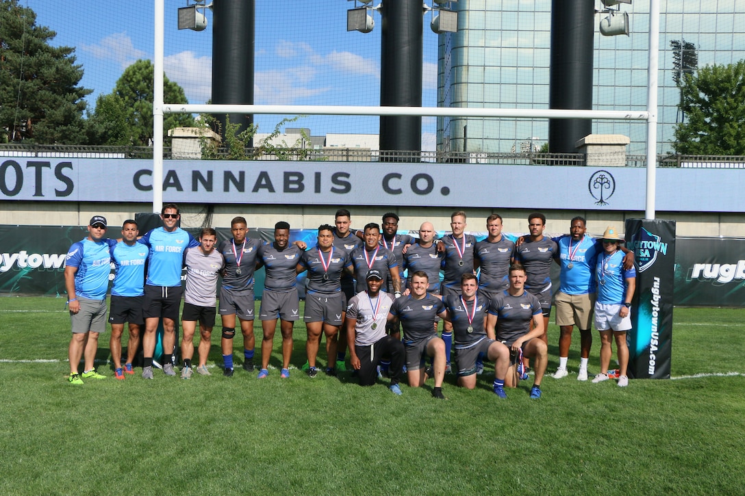 Air Force Men's Rugby team captures silver of the 2023 Armed Forces Sports Men's Rugby Championship held in conjunction with the Rugbytown 7's Rugby Tournament in Glendale, Colo.  Championship features teams from the Army, Marine Corps, Navy, Air Force (with Space Force players), and Coast Guard.  (Dept. of Defense photo by Mr. Steven Dinote, released)