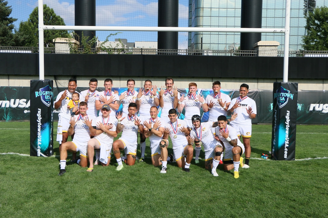 All-Army Men's Rugby team wins gold during the 2023 Armed Forces Sports Men's Rugby Championship held in conjunction with the Rugbytown 7's Rugby Tournament in Glendale, Colo.  Championship features teams from the Army, Marine Corps, Navy, Air Force (with Space Force players), and Coast Guard.  (Dept. of Defense photo by Mr. Steven Dinote, released)