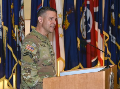 U.S. Army Medical Logistics Command Commander Col. Marc R. Welde speaks during his assumption of command ceremony Aug. 24 at Fort Detrick, Maryland.