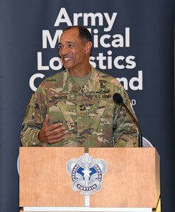 Maj. Gen. Robert L. Edmonson, commanding general of U.S. Army Communications-Electronics Command, speaks during Army Medical Logistics Command’s assumption of command ceremony, welcoming its new commander, Col. Marc R. Welde, Aug. 24 at Fort Detrick, Maryland.