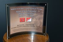 A closeup shot of the 2022 Army Exceptional Organization Safety Award for the battalion level, which was presented to the U.S. Army Medical Materiel Center-Korea. It's the first time in the unit's history to earn a safety award at the Army headquarters level.