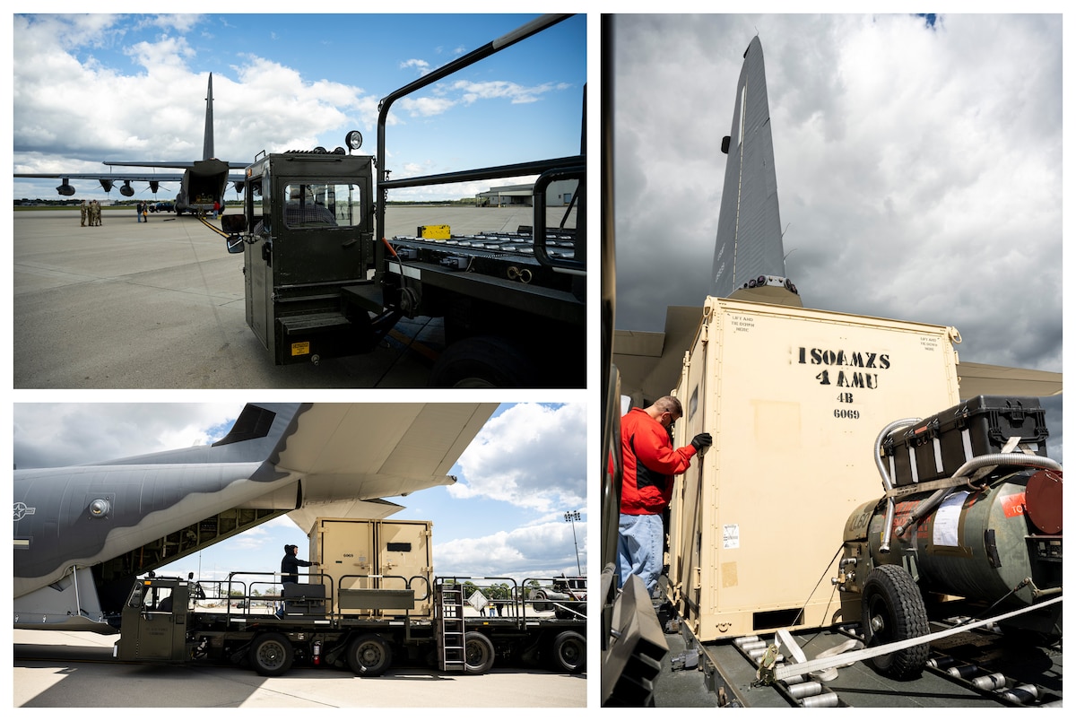 Images of contractors unloading an aircraft.