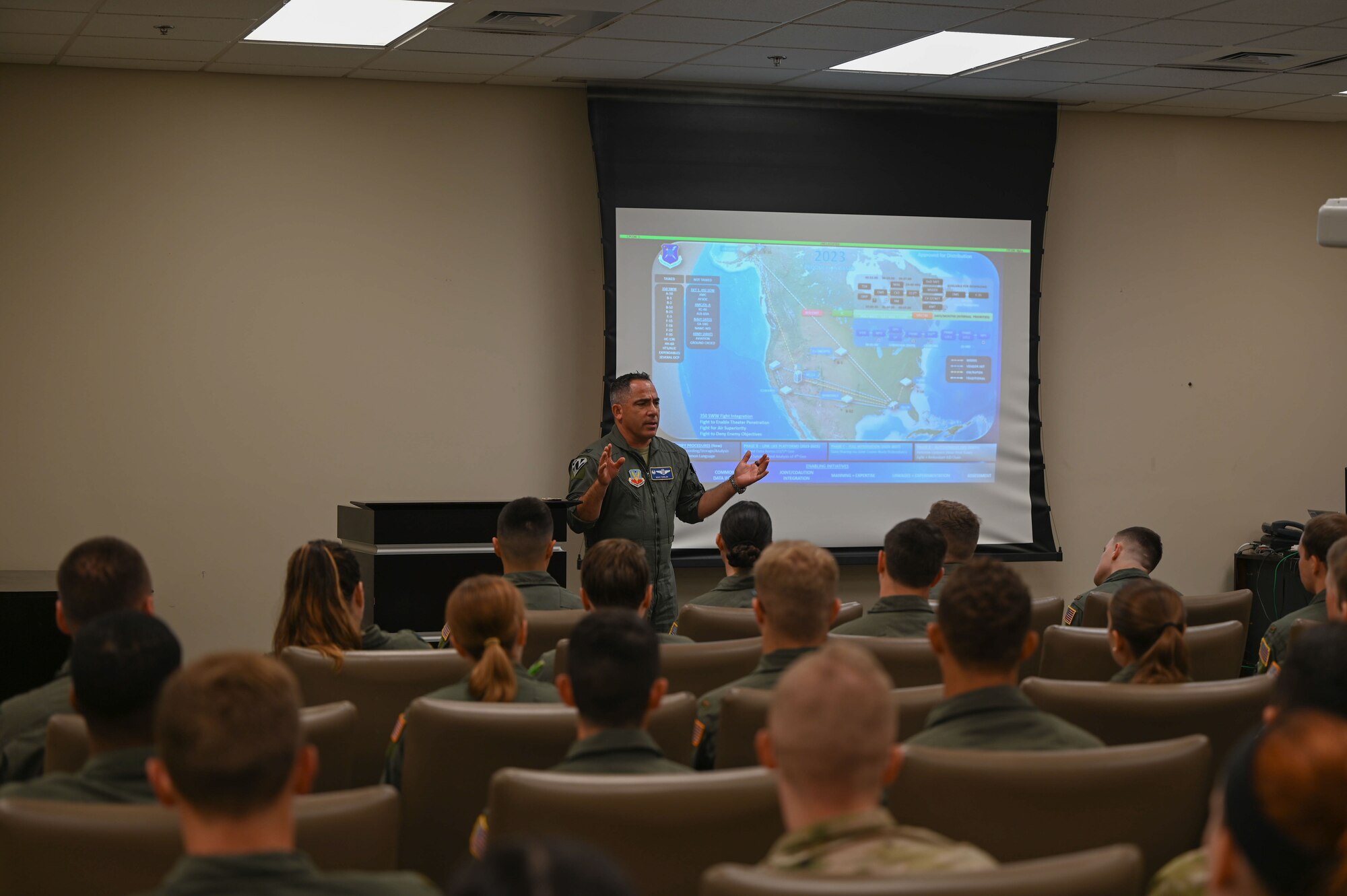 U.S. Air Force Col. Josh Koslov, 350th Spectrum Warfare Wing commander, briefs combat system officer students on operational and officer life during his visit to the 479th Flying Training Group at Naval Air Station Pensacola, Fla., Aug. 24, 2023. Koslov received a tour of the unit and talked with students, giving career advice and a brief on the 350th SWW. (U.S. Air Force photo by Capt. Benjamin Aronson)