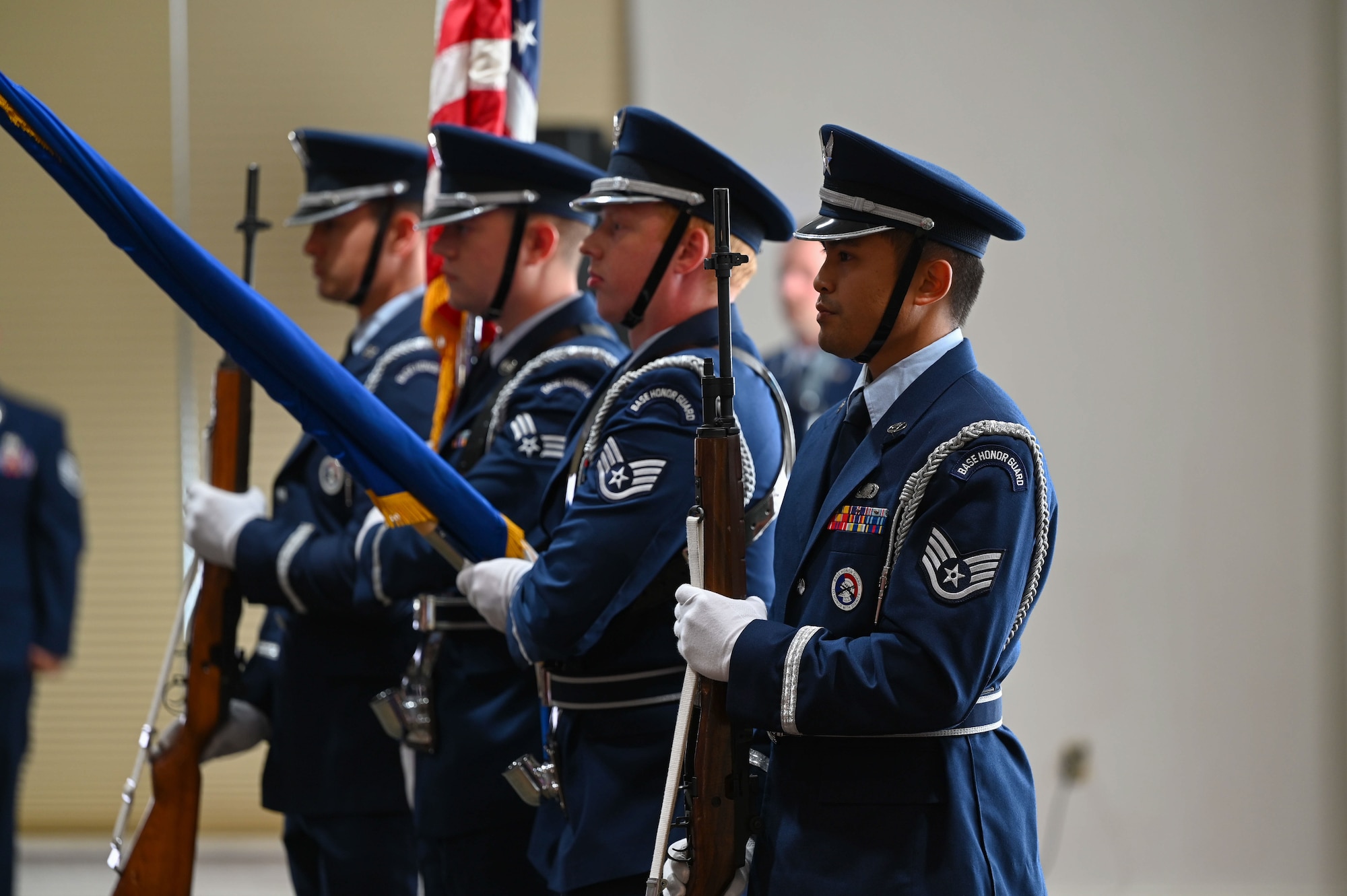 Honor Guard present the Colors during the activation of the 350th Spectrum Warfare Group Detachment 1 at Eglin Air Force Base, Fla., Aug. 25, 2023. The Det supports mission data file reprogramming efforts for command and control platforms, combat rescue platforms and expendables for the Combat Air Force. (U.S. Air Force photo by Capt. Benjamin Aronson)