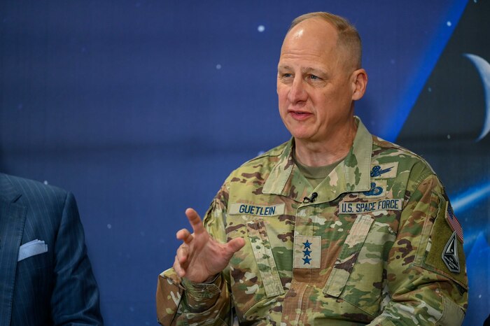 U.S. Space Force Lt. Gen. Michael Guetlein, Space Systems Command commander, answers questions from news agencies during the SILENTBARKER/NROL-107 media round table at Cape Canaveral Space Force Station, Florida, Aug. 28, 2023. SILENTBARKER/NROL-107 is a joint National Reconnaissance Office and USSF Space Domain Awareness mission to meet the Department of Defense and Intelligence Community space protection needs and is designed to detect and maintain custody of space objects. (U.S. Space Force photo by Senior Airman Samuel Becker)