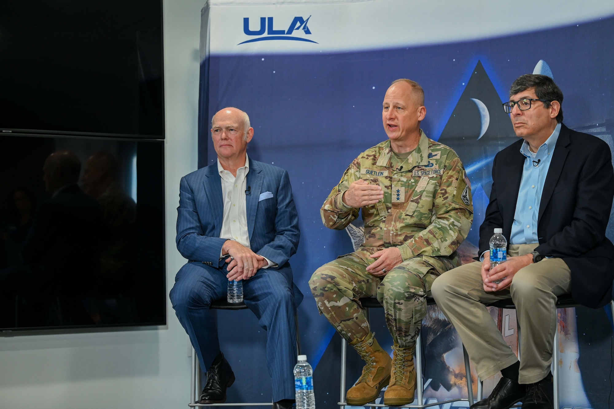 Tory Bruno, United Launch Alliance chief executive officer, U.S. Space Force Lt. Gen Michael Guetlein, Space Systems Command commander, and Chris Scolese National Reconnaissance Office director answer questions from news agencies during the SILENTBARKER/NROL-107 media round table at Cape Canaveral Space Force Station, Florida, Aug. 28, 2023. SILENTBARKER/NROL-107 is a joint National Reconnaissance Office and USSF Space Domain Awareness mission to meet the Department of Defense and Intelligence Community space protection needs and is designed to detect and maintain custody of space objects. (U.S. Space Force photo by Senior Airman Samuel Becker)