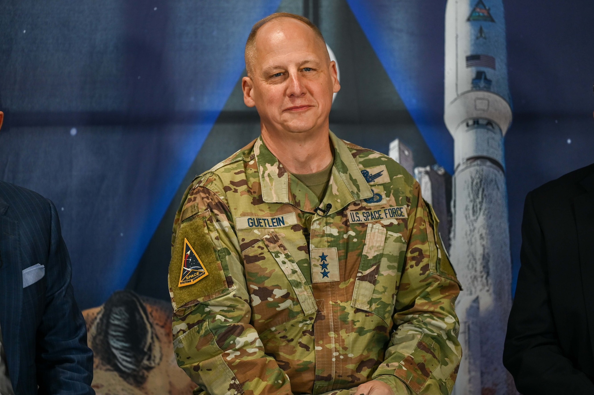 U.S. Space Force Lt. Gen. Michael Guetlein, Space Systems Command commander, answers questions from news agencies during the SILENTBARKER/NROL-107 media round table at Cape Canaveral Space Force Station, Florida, Aug. 28, 2023. SILENTBARKER/NROL-107 is a joint National Reconnaissance Office and USSF Space Domain Awareness mission to meet the Department of Defense and Intelligence Community space protection needs and is designed to detect and maintain custody of space objects. (U.S. Space Force photo by Senior Airman Samuel Becker)