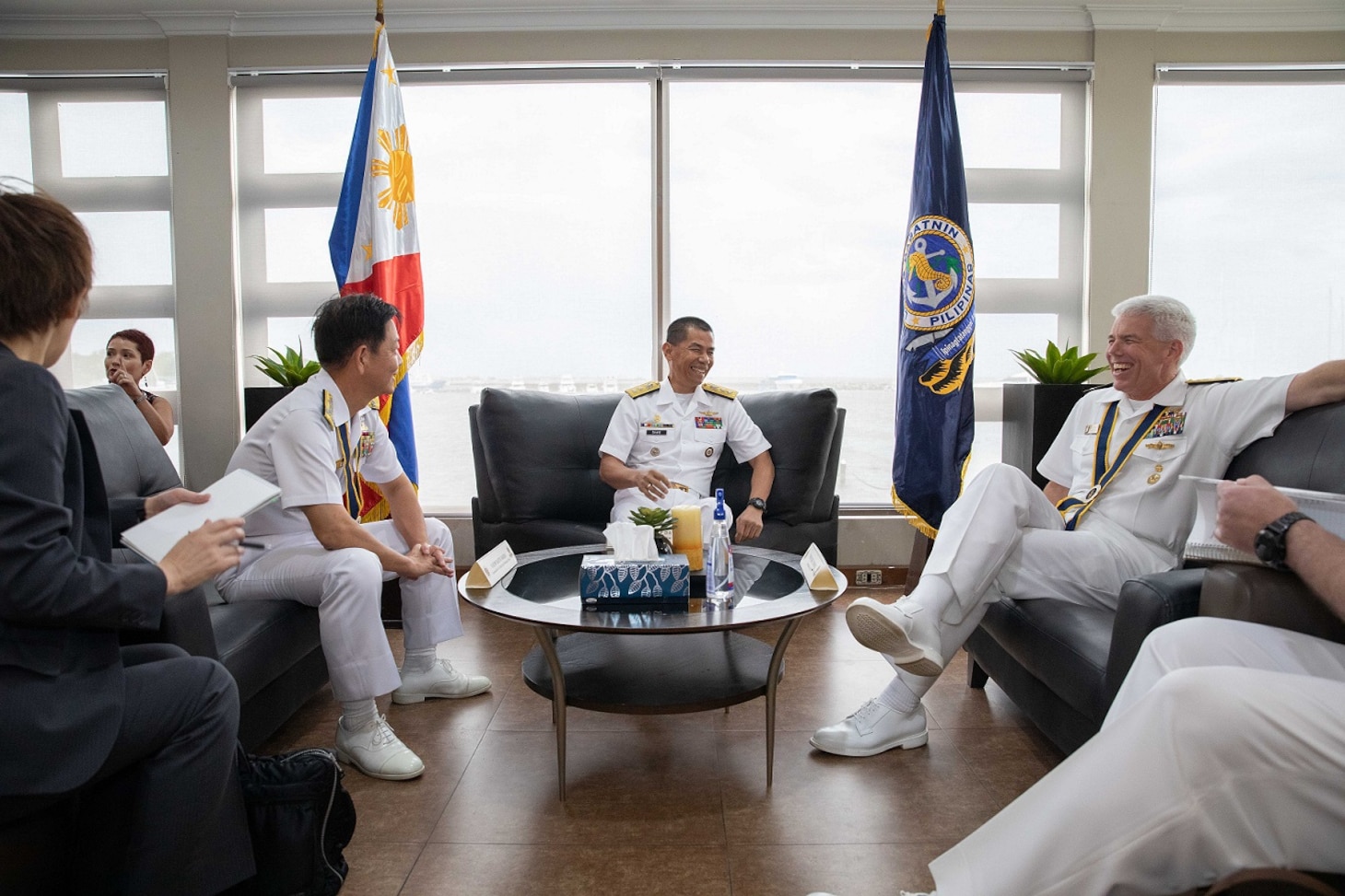 Japan Maritime Self-Defense Force Commander-in-Chief Self-Defense Fleet Vice Adm. SAITO Akira; Philippine Fleet Commander Rear Adm. Renato David; and Commander U.S. 7th Fleet Vice Admiral Karl Thomas conduct staff talks in Manila, Philippines, Aug. 27. U.S. 7th Fleet is the U.S. Navy’s largest forward-deployed numbered fleet, and routinely interacts and operates with allies and partners to preserve a free and open Indo-Pacific.