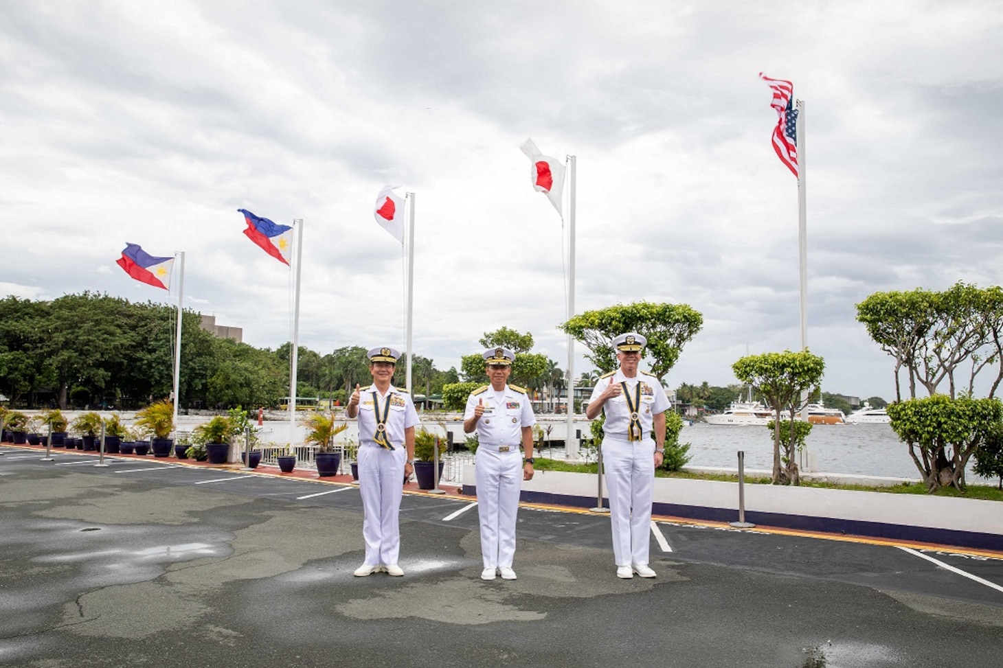 Japan Maritime Self-Defense Force Commander-in-Chief Self-Defense Fleet Vice Adm. SAITO Akira; Philippine Fleet Commander Rear Adm. Renato David; and Commander U.S. 7th Fleet Vice Admiral Karl Thomas pose for a photo in Manila, Philippines, Aug. 27. U.S. 7th Fleet is the U.S. Navy’s largest forward-deployed numbered fleet, and routinely interacts and operates with allies and partners to preserve a free and open Indo-Pacific.