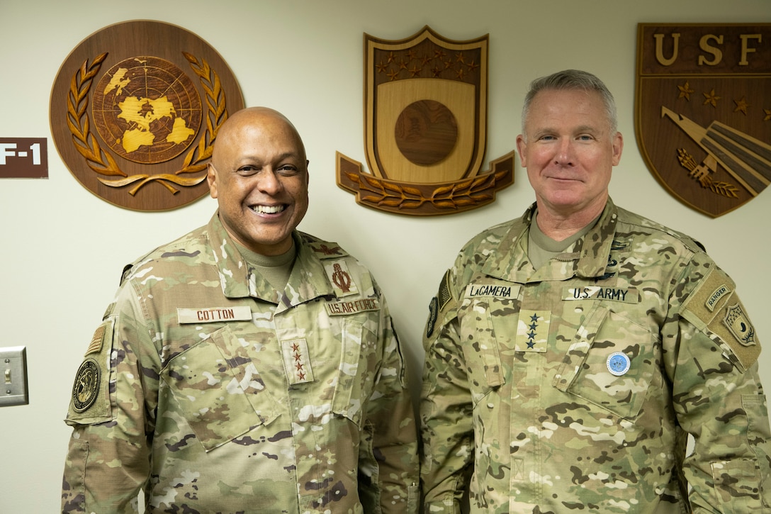 The U. S. Strategic Command Commanding General, Anthony Cotton (left), visited CP Tango, Tuesday, Aug. 29, 2023, and met with UNC/CFC/USFK Commanding General Paul LaCamera (right), to discuss strategic deterrence and regional security. While at CP Tango, Cotton also received a brief on the Ulchi Freedom shield exercise, which is currently being conducted by joint, combined and interagency personnel across the peninsula. (U.S. Army photo by SGT Day Marzelle).