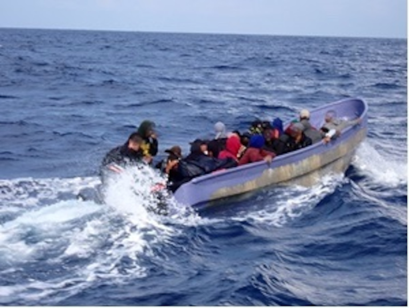The crew of the Coast Guard Cutter Donald Horsley interdicts a migrant voyage in the Mona Passage Aug. 27, 2023.  Five men interdicted in this group are facing federal prosecution in Puerto Rico, while the remaining 29 migrants were repatriated to the Dominican Republic Aug. 28, 2023. The Coast Guard, along with its Homeland Security Task Force – Southeast partners, maintains a continual presence with air, land, and sea assets in the Florida Straits, the Windward Passage, the Mona Passage and the Caribbean Sea. The HSTF-SE combined, multi-layered approach is designed to protect the safety of life at sea while preventing unlawful maritime entry to the United States and its territories. (U.S. Coast Guard photo)