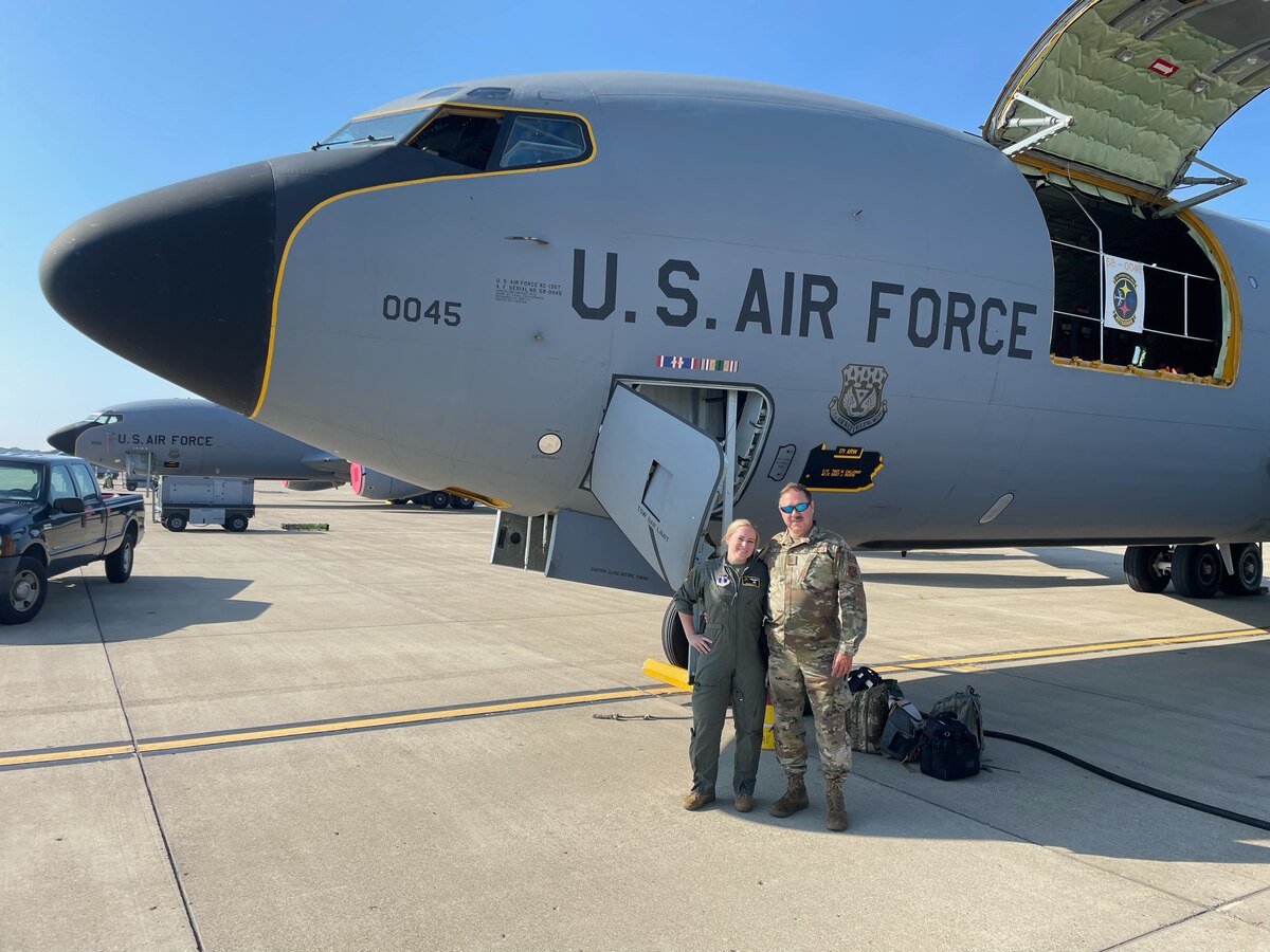 Megan Hirlehey wanted to be a pilot ever since she came to the base for family day as a kid with her dad, Kevin Clancy, a Master Sgt. in the Pennsylvania Air National Guard. In 2008, right before graduating high school, Megan enlisted in her dads unit, the 171st Air Refueling Wing. She served in the base’s Education and Training office and also the base’s Small Air Terminal, while her dad served in the Maintenance Group. She followed her dream to be a pilot and commissioned in 2020. On July 6, 2023, 1st Lt. Megan Hirlehey flew her first mission with the 171st - aboard the very aircraft her dad serves as Crew Chief. Kevin marshaled his daughter off the flight line and saluted her as she steered the KC-135 aircraft towards the runway for take off. (U.S. Air National Guard Photo)