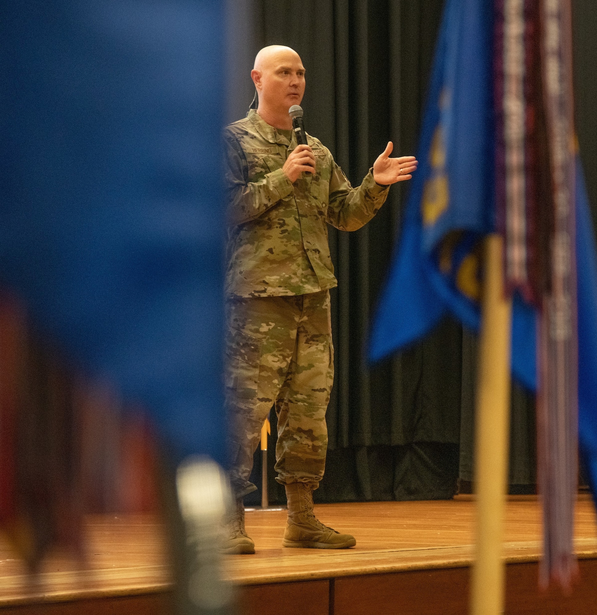 Col. Jason Herring, 621st Contingency Response Wing Commander, addresses the Airmen of the 621st CRW during a commander’s call August 16, 2023 at the base theater on JB McGuire-Dix-Lakehurst, NJ.