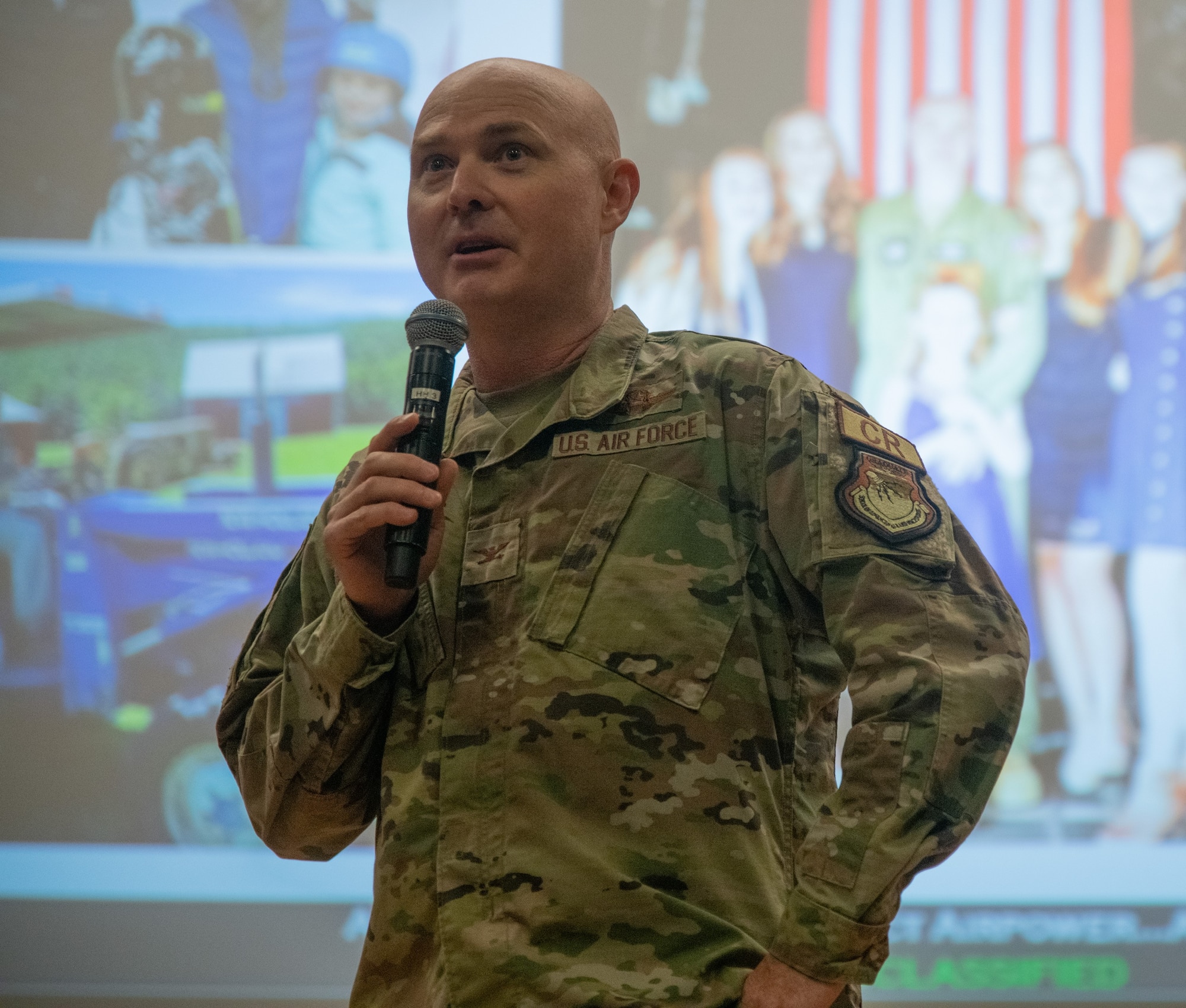 Col. Jason Herring, 621st Contingency Response Wing Commander, addresses the Airmen of the 621st CRW during a commander’s call August 16, 2023 at the base theater on JB McGuire-Dix-Lakehurst, NJ.