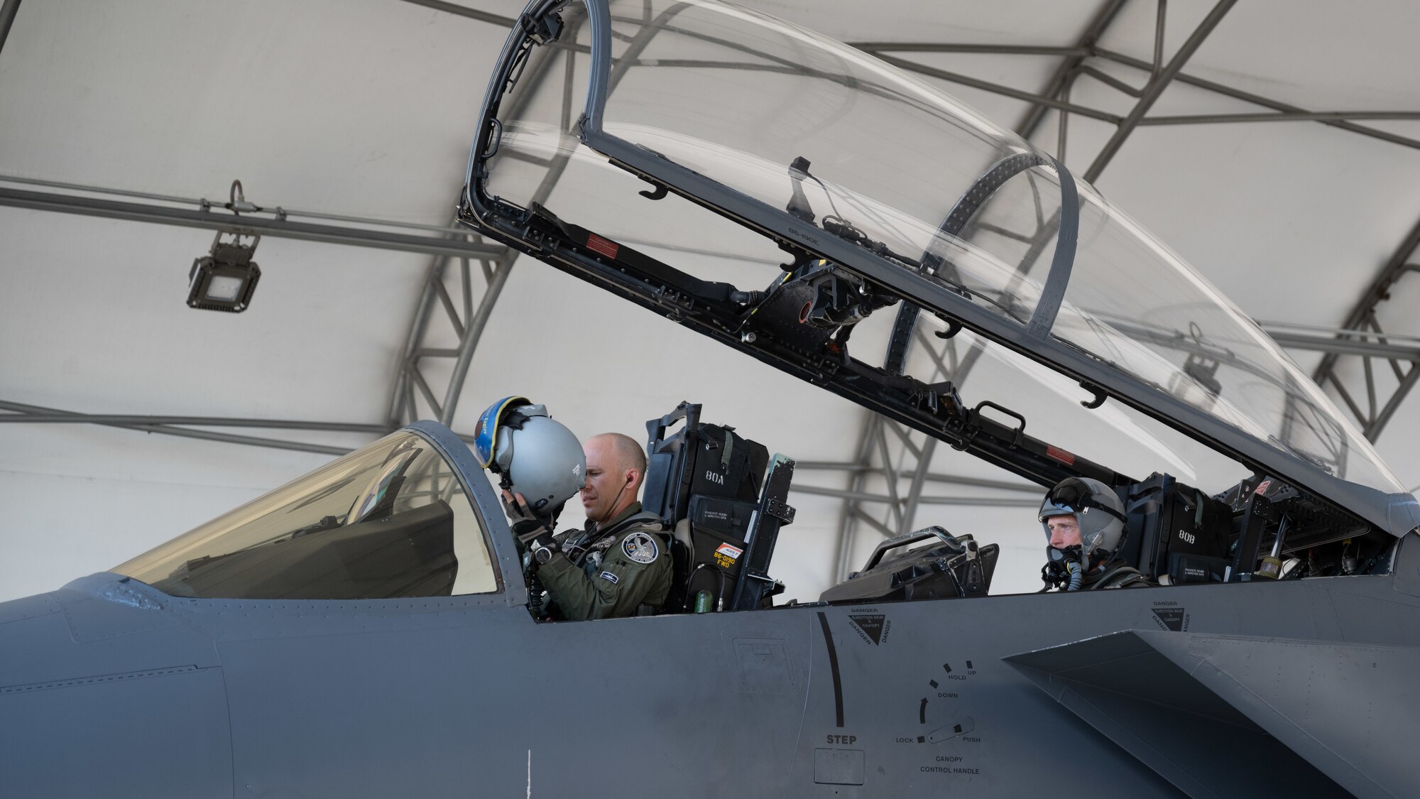 Ted Budd, right, North Carolina senator, prepares for an incentive flight with Lt. Col. Tanner Hein, 333rd Fighter Squadron commander, on an F-15E Strike Eagle at Seymour Johnson Air Force Base, North Carolina, Aug. 18, 2023. Budd and his staff help safeguard Department of Defense employee’s interests regarding working conditions, job security and employment status. (U.S. Air Force photo by Senior Airman David Lynn)