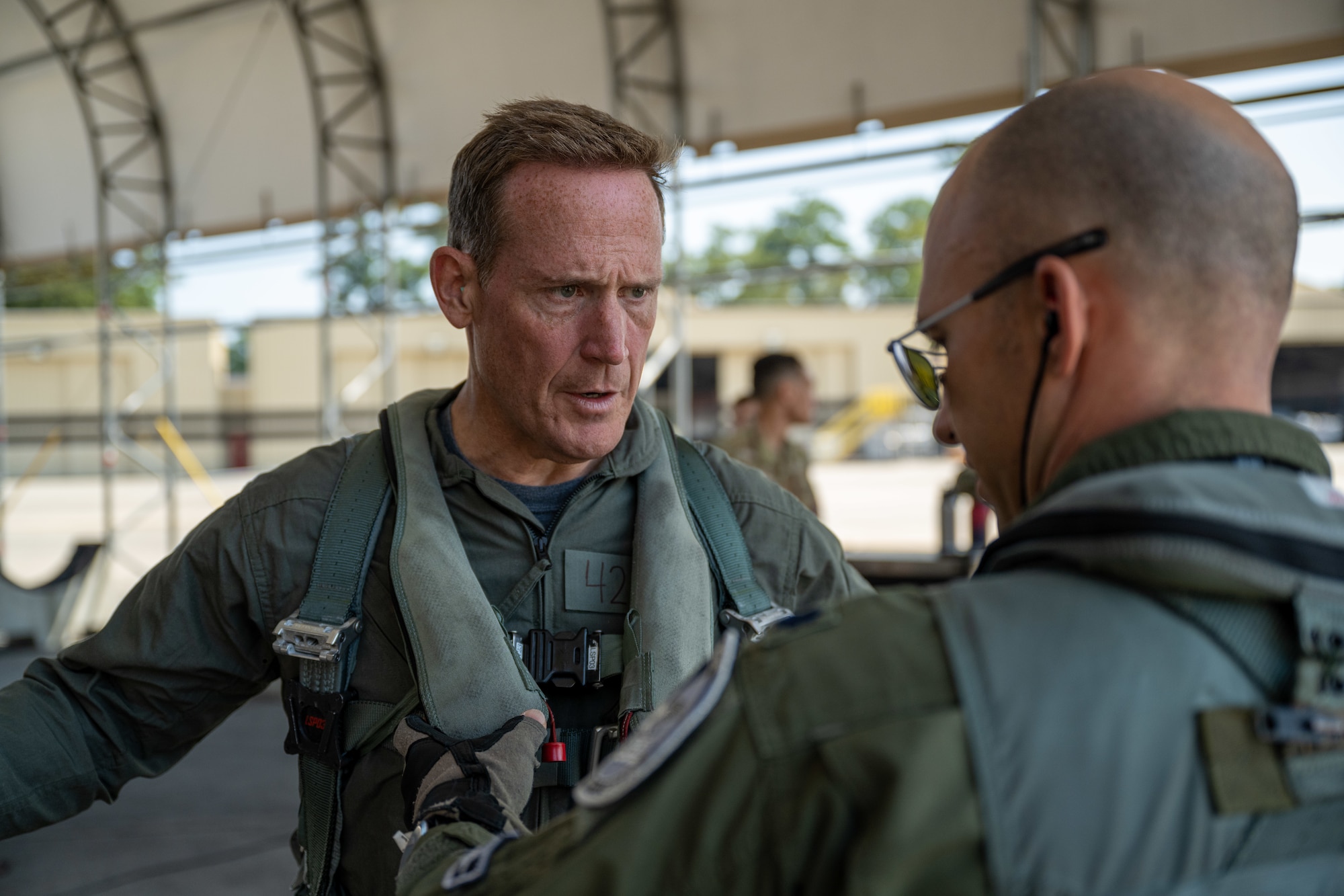 Ted Budd, left, North Carolina senator, prepares for an incentive flight on an F-15E Strike Eagle at Seymour Johnson Air Force Base, North Carolina, Aug. 18, 2023. Budd and his staff help safeguard Department of Defense employee’s interests regarding working conditions, job security and employment status. (U.S. Air Force photo by Senior Airman David Lynn)