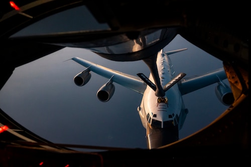 A U.S. Air Force RC-135 Rivet Joint assigned to the 763rd Expeditionary Reconnaissance Squadron receives fuel from a KC-135 Stratotanker assigned to the 912th Expeditionary Air Refueling Squadron during Operation Agile Spartan above the U.S. Central Command’s area of responsibility, Aug. 19, 2023. The RC-135 Rivet Joint reconnaissance aircraft participated in this exercise to demonstrate its support to theater and national level consumers with near real-time, on-scene intelligence collection, analysis and dissemination capabilities. The month-long, multinational operation demonstrated interoperability between regional partners, improved response capabilities, and further enhanced security throughout the region. (U.S. Air Force photo by Senior Airman Leon Redfern)