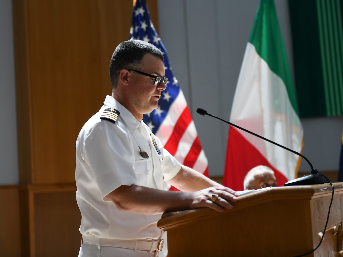 Capt. Jon Lipps, outgoing commodore of commander, task force (CTF) 64, delivers remarks during a change of command ceremony onboard Naval Support Activity Naples, Italy, Aug. 3, 2023. CTF 64's mission is to execute operational and tactical integrated air and missile defense (IAMD), including mission planning, execution, and operational and tactical control of assigned units for commander, U.S. Naval Forces Europe-Africa and commander, U.S. Sixth Fleet. CTF 64 also provides direct support for Aegis ballistic missile defense planning to commander, U.S. Air Forces Europe and commander, Allied Air Command. (U.S. Navy photo by Mass Communication Specialist Seaman Joseph Macklin)