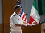 Capt. Jon Lipps, outgoing commodore of commander, task force (CTF) 64, delivers remarks during a change of command ceremony onboard Naval Support Activity Naples, Italy, Aug. 3, 2023. CTF 64's mission is to execute operational and tactical integrated air and missile defense (IAMD), including mission planning, execution, and operational and tactical control of assigned units for commander, U.S. Naval Forces Europe-Africa and commander, U.S. Sixth Fleet. CTF 64 also provides direct support for Aegis ballistic missile defense planning to commander, U.S. Air Forces Europe and commander, Allied Air Command. (U.S. Navy photo by Mass Communication Specialist Seaman Joseph Macklin)