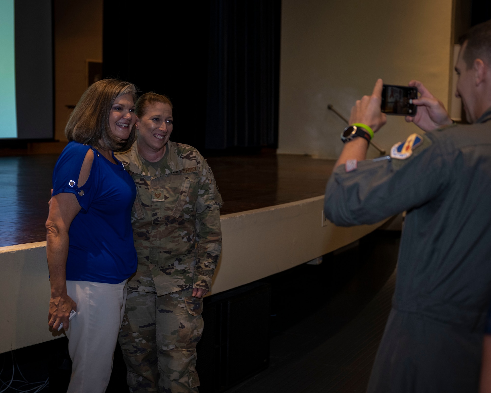 Kristen Christy, left, an international resilience expert, poses for a photo with an Airman assigned to the 4th Fighter Wing after conducting a resiliency chat at Seymour Johnson Air Force Base, North Carolina, Aug. 29, 2023. Christy came to Seymour Johnson AFB to talk with Airmen about resilience in preparation for National Suicide Prevention and Awareness month in September. (U.S. Air Force photo by Senior Airman David Lynn)