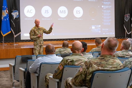  U.S. Air Force Maj. Gen. Micheal Lutton engages with members of the Space Force community at a townhall meeting at Peterson Space Force Base, Colorado, August 24, 2023.  Lutton, who leads the 20th Air Force, Air Force Global Strike Command,  answered questions about the Missile Community Cancer Study.  Historically, the Missile and Space communities have been closely linked, and many Guardians previously served as Air Force missileers.  (U.S. Space Force photo by Dave Grim)