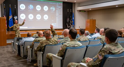  U.S. Air Force Maj. Gen. Micheal Lutton engages with members of the Space Force community at a townhall meeting at Peterson Space Force Base, Colorado, August 24, 2023.  Lutton, who leads the 20th Air Force, Air Force Global Strike Command,  answered questions about the Missile Community Cancer Study.  Historically, the Missile and Space communities have been closely linked, and many Guardians previously served as Air Force missileers.  (U.S. Space Force photo by Dave Grim)