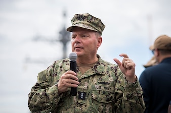 Chief of Naval Personnel Vice Adm. Rick Cheeseman Speaks to Sailors on the flight deck of cruiser