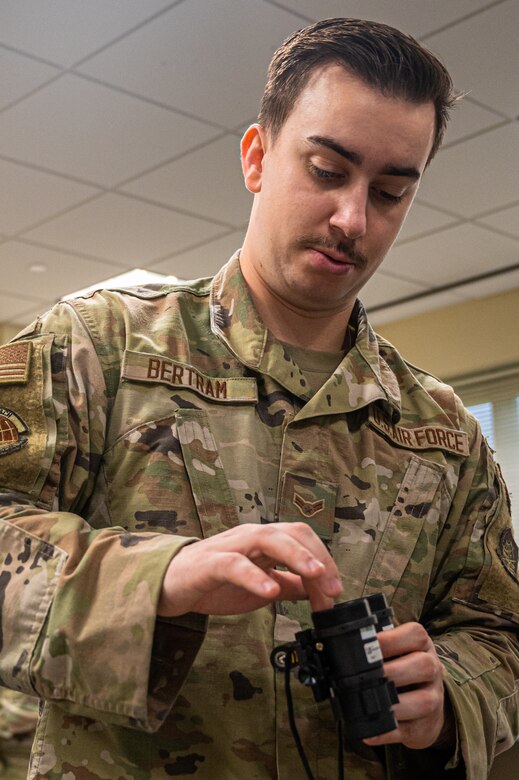 305th Operations Support Squadron aircrew flight equipment technician, converts legacy green night vision goggles to white phosphor NVGs for the KC-46A Pegasus at Joint Base McGuire-Dix-Lakehurst, N.J.