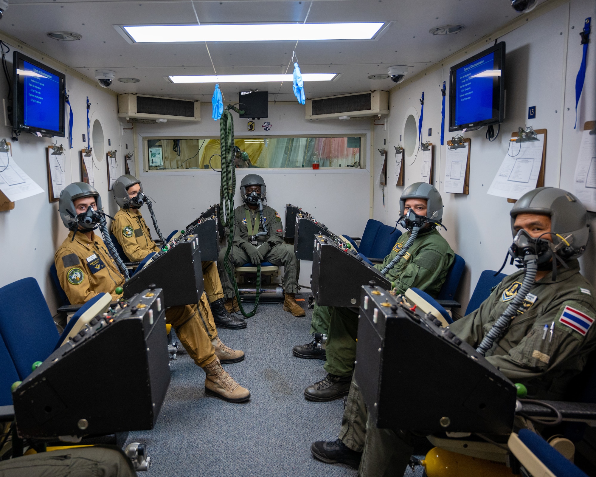 U.S. Air Force altitude chamber technicians and International pilots "denite" before going up in altitude in the hypobolic chamber at Laughlin Air Force Base, Texas, Aug. 14, 2023. Deniting is the process of purging extra nitrogen from the bloodstream to ensure that pilots do not undergo decompression sickness. (U.S. Air Force photo by Senior Airman Nicholas Larsen)