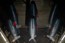 Training munition sits loaded in the bomb bay of a B52-H Stratofortress at Minot Air Force Base, North Dakota, Aug. 24, 2023. During Desert Storm, B-52s delivered 40 percent of all the weapons dropped by coalition forces. (U.S. Air Force photo by Airman 1st Class Alexander Nottingham)
