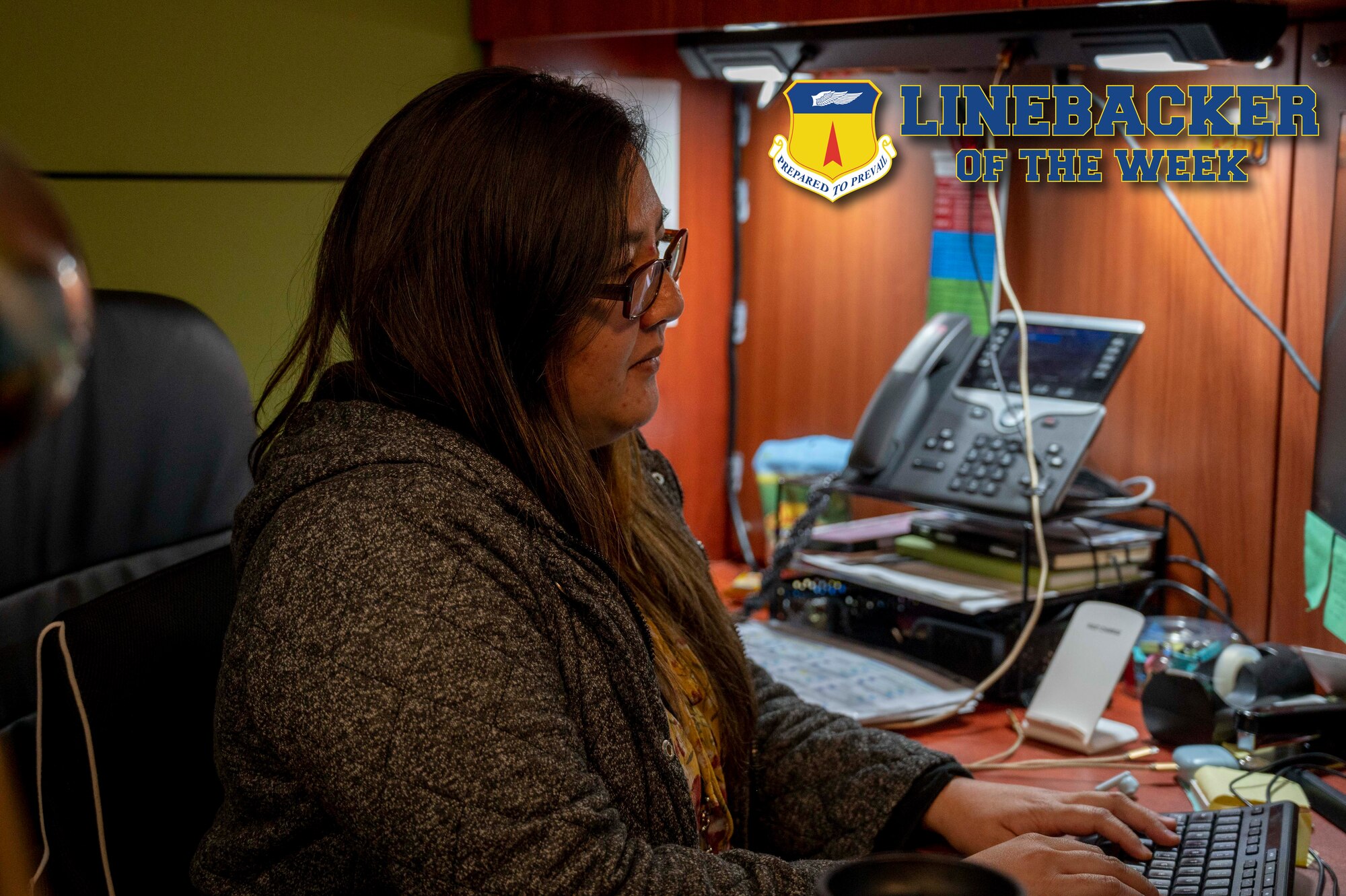 Kourtney Eay, a budget analyst with the 36th Comptroller Squadron, works at her desk at Andersen Air Force Base, Guam, Aug. 23, 2023. The Team Andersen Linebacker of the Week recognizes outstanding enlisted, officer, civilian and total force personnel who have had an impact on achieving Team Andersen’s mission, vision and priorities. (U.S. Air Force photo by Airman 1st Class Emily Saxton)