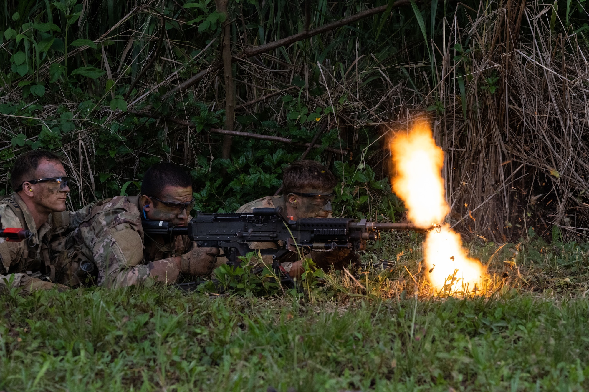 Ranger Assessment Course students conduct an ambush drill, May 31, 2023, Schofield Barracks, Hawaii. While going through the Ranger Assessment Course, the students learned skills such as battle drills, land navigation, and small unit tactics like ambushes which ultimately led to an understanding of combat leadership, followership, troop leading procedures, communication skills, accountability, performance under stress, intestinal fortitude and much more. (U.S. Air Force photo by Tech. Sgt. Hailey Haux)