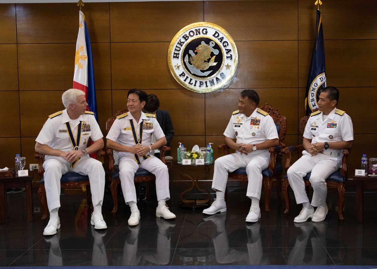 Commander U.S. 7th Fleet Vice Admiral Karl Thomas; Japan Maritime Self-Defense Force Commander-in-Chief Self-Defense Fleet Vice Adm. SAITO Akira; Philippine Navy Flag Officer in Command Vice Adm. Toribio Adaci; and Philippine Fleet Commander Rear Adm. Renato David conduct staff talks in Manila, Philippines, Aug. 27. U.S. 7th Fleet is the U.S. Navy’s largest forward-deployed numbered fleet, and routinely interacts and operates with allies and partners to preserve a free and open Indo-Pacific.