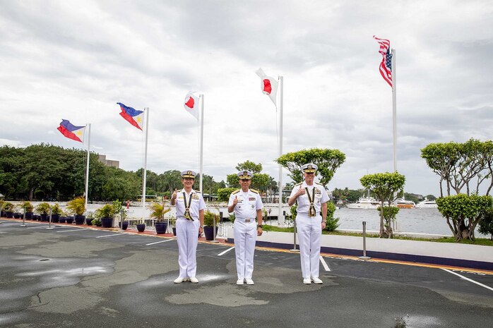 Japan Maritime Self-Defense Force Commander-in-Chief Self-Defense Fleet Vice Adm. SAITO Akira; Philippine Fleet Commander Rear Adm. Renato David; and Commander U.S. 7th Fleet Vice Admiral Karl Thomas pose for a photo in Manila, Philippines, Aug. 27. U.S. 7th Fleet is the U.S. Navy’s largest forward-deployed numbered fleet, and routinely interacts and operates with allies and partners to preserve a free and open Indo-Pacific.