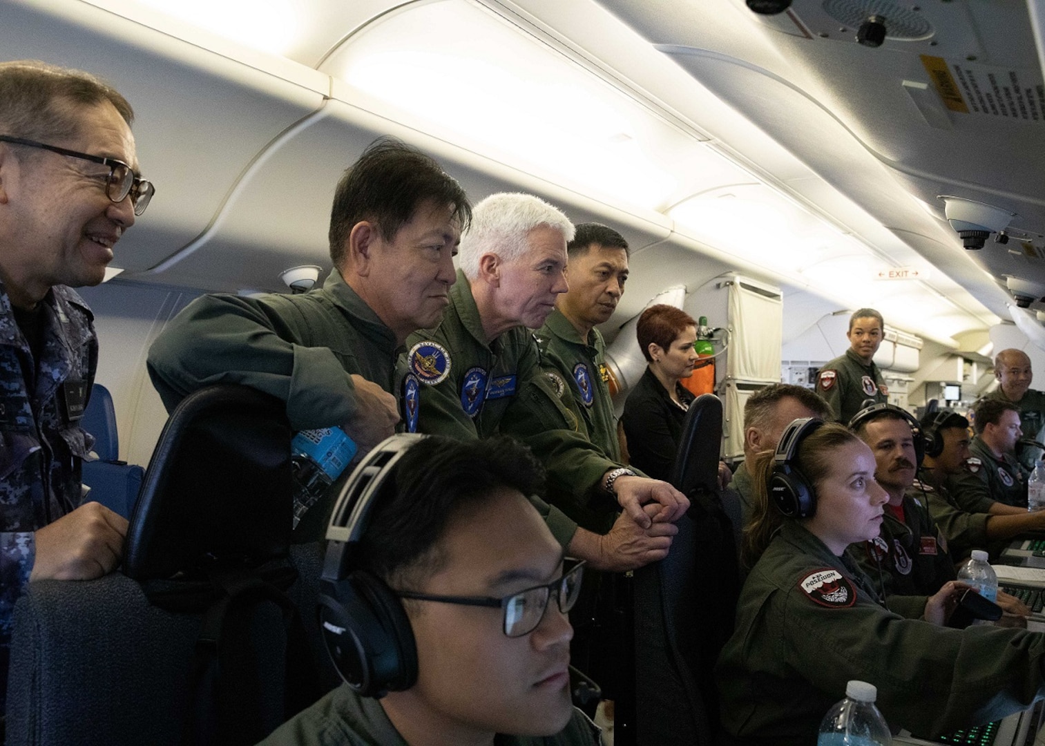 Japan Maritime Self-Defense Force (JMSDF) Capt. ICHIYANAGI Kimihiko; JMSDF Commander-in-Chief Self-Defense Fleet Vice Adm. SAITO Akira; Commander, U.S. 7th Fleet Vice Adm. Karl Thomas; and Naval Air Wing Commander of the Philippine Navy Commodore Juario Marayag observe the crew aboard a P8A Poseidon during a flight demonstration in Manila, Philippines, Aug. 26. U.S. 7th Fleet is the U.S. Navy’s largest forward-deployed numbered fleet, and routinely interacts and operates with allies and partners to preserve a free and open Indo-Pacific.