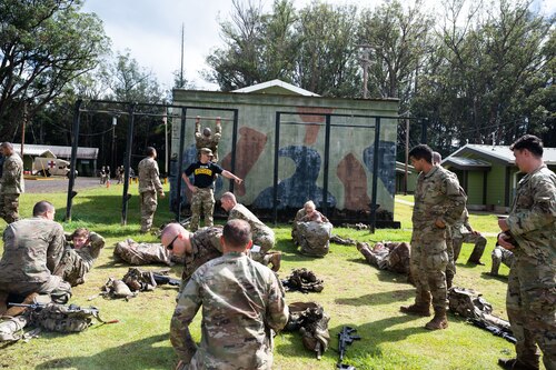 Ranger Assessment Course students complete a physical training session, May 24, 2023, Schofield Barracks, Hawaii. While going through the Ranger Assessment Course, the students learned skills such as battle drills, land navigation, and small unit tactics like ambushes which ultimately led to an understanding of combat leadership, followership, troop leading procedures, communication skills, accountability, performance under stress, intestinal fortitude and much more. (U.S. Air Force photo by Tech. Sgt. Hailey Haux)