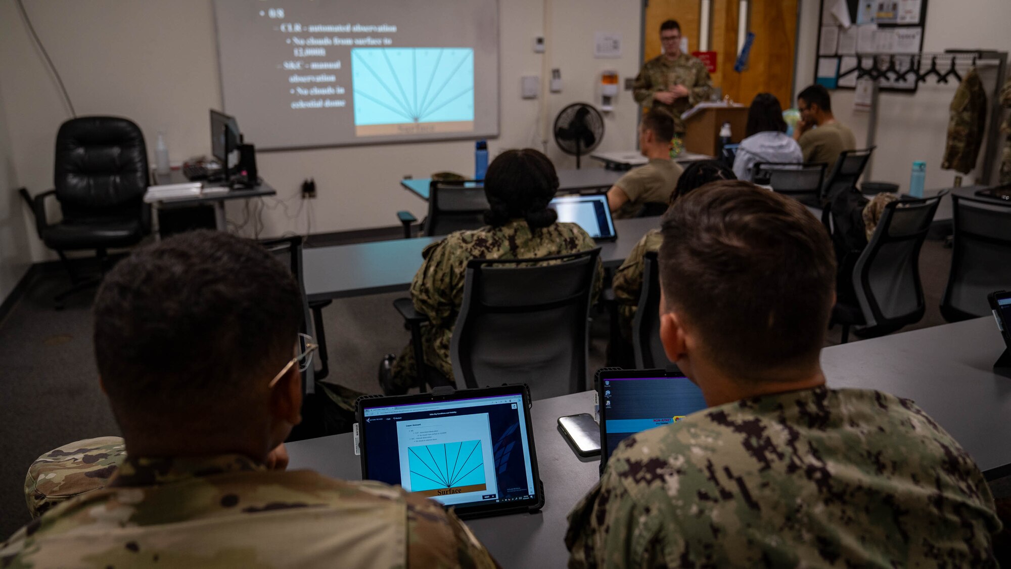 U.S. Air Force Airman Felix Diaz-Carrillo and U.S. Navy Aerographer’s Mate Airman Brandon Buendia, 335th Training Squadron weather forecast apprentice course students, utilize tablets during a lesson at Keesler Air Force Base, Mississippi, Aug. 24, 2023.