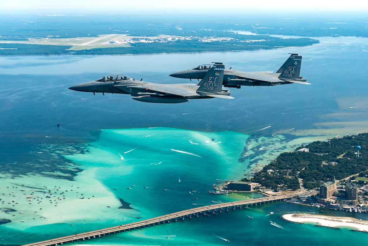 Both F-15EX Eagle II aircraft attached to the 85th Test and Evaluation Squadron, 53d Wing, and 40th Flight Test Squadron, 96th Test Wing, return from a test mission over the Gulf of Mexico, Aug. 2, 2023. The F-15EX recently completed Integrated Test & Evaluation Phase I, with the data currently being analyzed by the Air Force Operational Test and Evaluation Center and Office of the Secretary of Defense Director of Operational Test and Evaluation for final reporting to steer a full rate production decision determination in the coming months (U.S. Air Force photo by Tech. Sgt. John McRell)