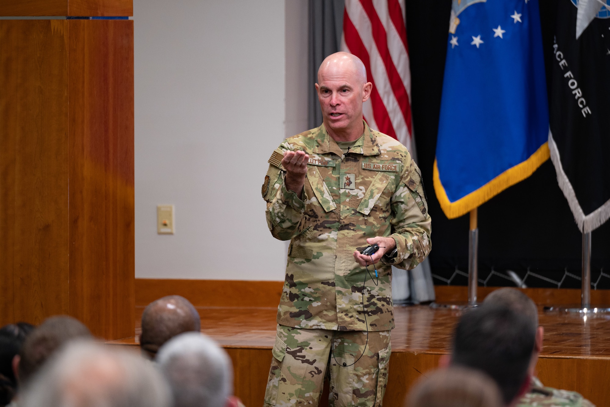 U.S. Air Force Maj. Gen. Micheal Lutton engages with members of the Space Force community at a townhall meeting at Peterson Space Force Base, Colorado, August 24, 2023.  Lutton, who leads the 20th Air Force, Air Force Global Strike Command,  answered questions about the Missile Community Cancer Study.  Historically, the Missile and Space communities have been closely linked, and many Guardians previously served as Air Force missileers.  (U.S. Space Force photo by Dave Grim)