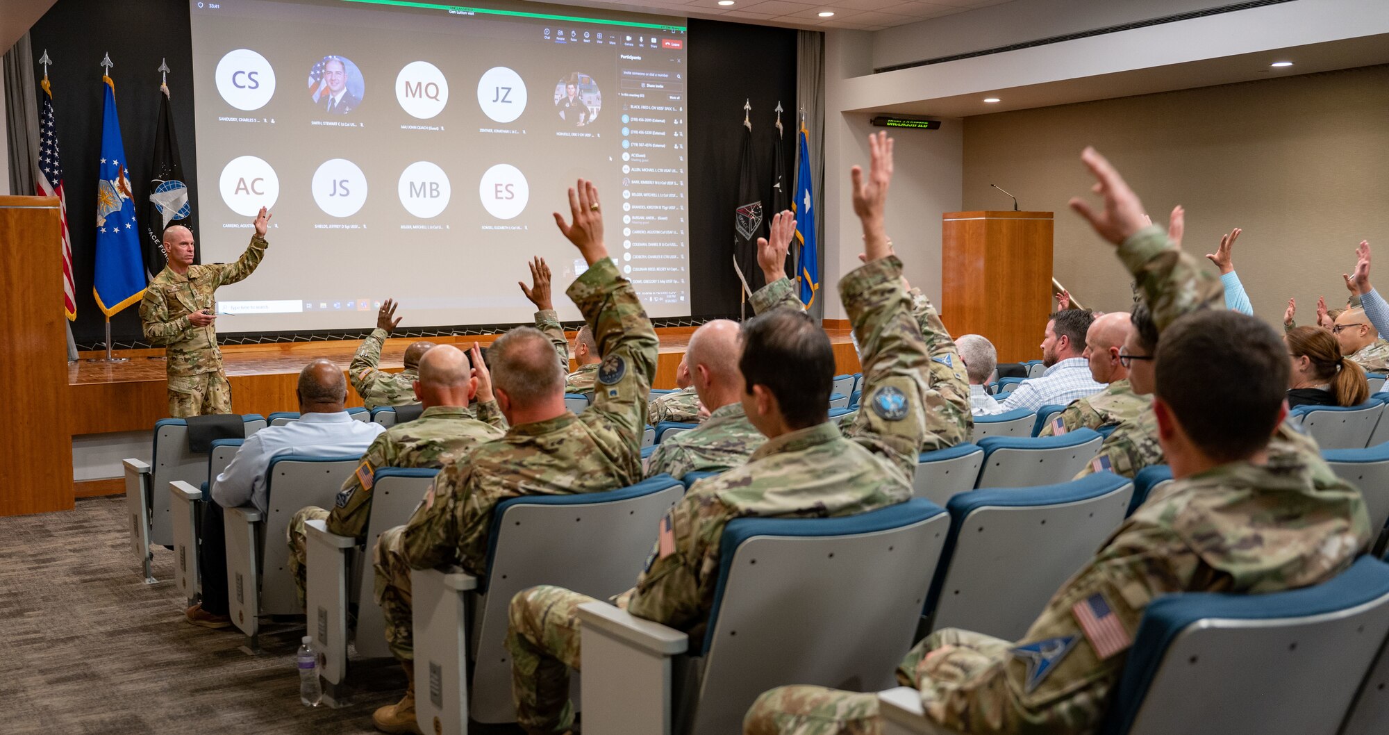 U.S. Air Force Maj. Gen. Micheal Lutton engages with members of the Space Force community at a townhall meeting at Peterson Space Force Base, Colorado, August 24, 2023.  Lutton, who leads the 20th Air Force, Air Force Global Strike Command,  answered questions about the Missile Community Cancer Study.  Historically, the Missile and Space communities have been closely linked, and many Guardians previously served as Air Force missileers.  (U.S. Space Force photo by Dave Grim)