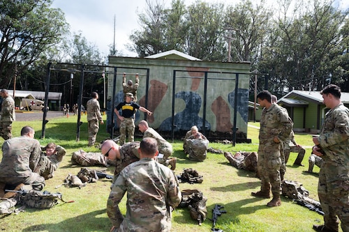 Ranger Assessment Course students complete a physical training session, May 24, 2023, Schofield Barracks, Hawaii. While going through the Ranger Assessment Course, the students learned skills such as battle drills, land navigation, and small unit tactics like ambushes which ultimately led to an understanding of combat leadership, followership, troop leading procedures, communication skills, accountability, performance under stress, intestinal fortitude and much more. (U.S. Air Force photo by Tech. Sgt. Hailey Haux)