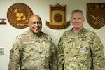 The U. S. Strategic Command Commanding General, Anthony Cotton (left), visited CP Tango, Tuesday, Aug. 29, 2023, and met with UNC/CFC/USFK Commanding General Paul LaCamera (right), to discuss strategic deterrence and regional security. While at CP Tango, Cotton also received a brief on the Ulchi Freedom shield exercise, which is currently being conducted by joint, combined and interagency personnel across the peninsula. (U.S. Army photo by SGT Day Marzelle).
