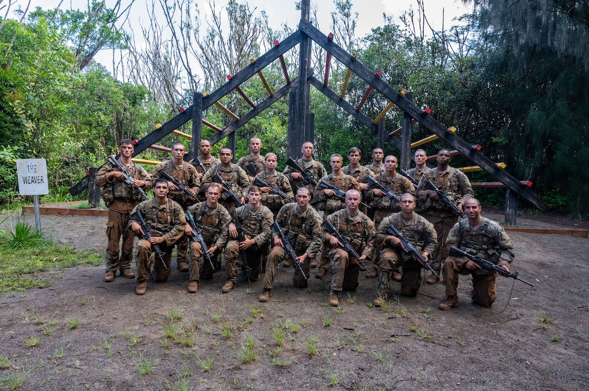 Ranger Assessment Course students, May 29, 2023, Schofield Barracks, Hawaii. While going through the RAC, students not only learned about the technical tactics, but they also conducted physical training and ruck marches to prepare them for the requirements at Ranger School. (U.S. Air Force photo by Tech. Sgt. Hailey Haux)
