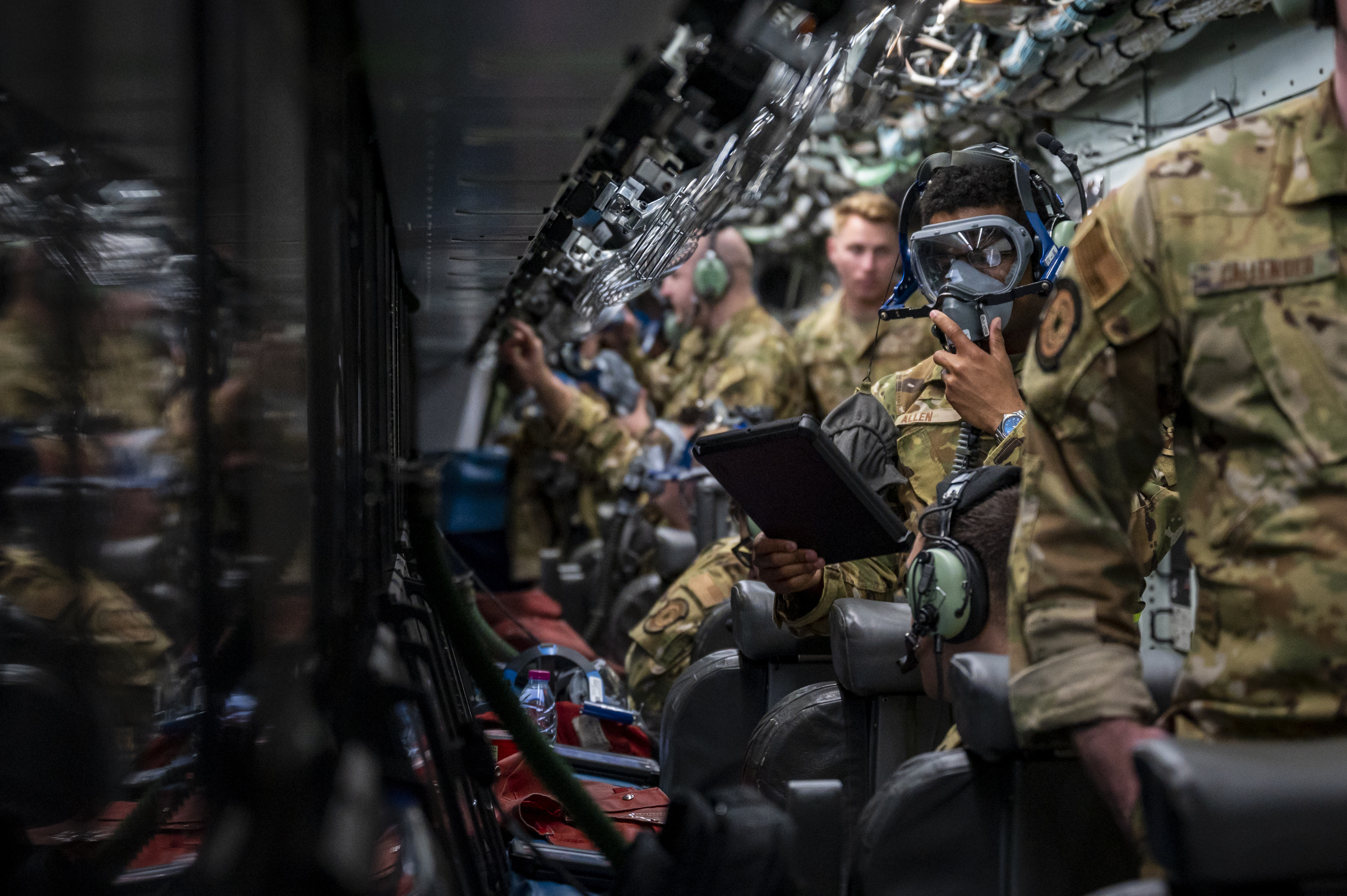 U.S. Air Force Senior Airman Gregory Allen, 763rd Expeditionary Reconnaissance Squadron airborne cryptologic language analyst, checks his flight mask on an RC-135 Rivet Joint during Operation Agile Spartan at Naval Support Activity Souda Bay, Greece, Aug. 20, 2023. This exercise not only highlighted AUAB’s commitment of maintaining readiness and deterrence toward adversaries in the U.S. Central Command’s area of responsibility, but also the 379th Air Expeditionary Wing’s ability to rapidly generate combat airpower and engage in agile combat employment scenarios. The month-long, multinational operation demonstrated interoperability between regional partners, improved response capabilities, and further enhanced security throughout the region. (U.S. Air Force photo by Senior Airman Leon Redfern)