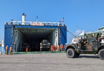 Dozens of mine-resistant ambush protected all terrain vehicles are loaded onto the MN Toucan at the Port of Livorno, Italy, Aug. 26. The M-ATVs are part of Army Field Support Battalion-Africa’s Army Prepositioned Stocks-2 inventory but are being transferred to Army Field Support Battalion-Benelux and the APS-2 sites in the Netherlands and Belgium. (U.S. Army courtesy photo)