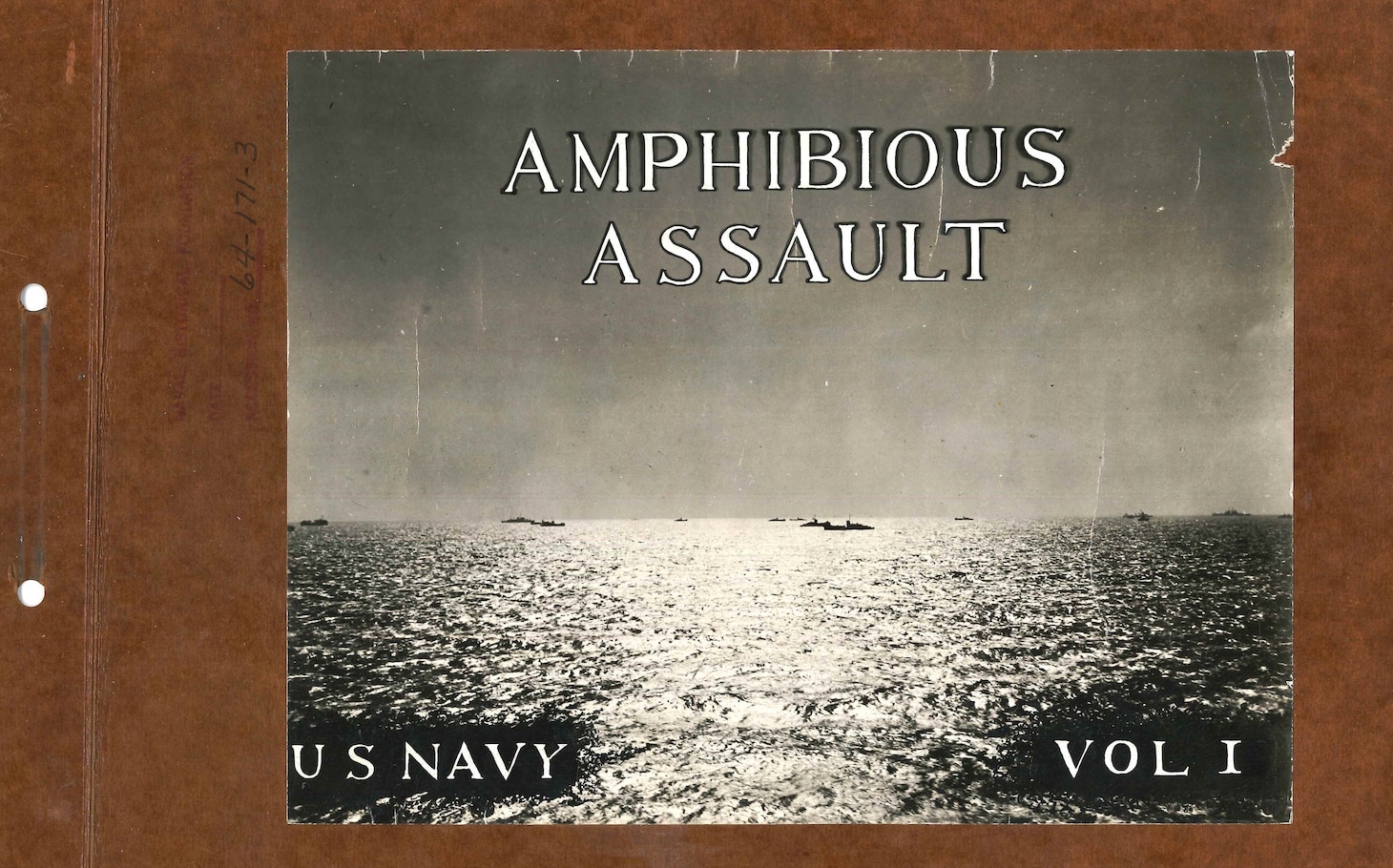 The leather cover of the rawhide-bound narrative Amphibious Assault, circa 1944