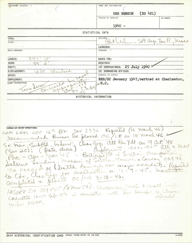 The single page “Ship Historical Identification Card” describing Benson’s overall characteristics, circa 1955