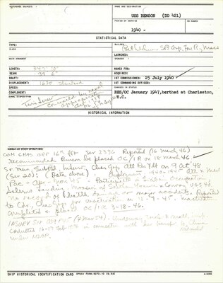 The single page “Ship Historical Identification Card” describing Benson’s overall characteristics, circa 1955