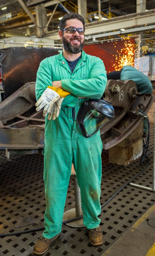 In their own words: Chris Chavez 
Shipfitter, Shop 11, Shipfitters 
“I'm surrounded by a large group of competent people, who have integrity and are very skilled at what they do. We're motivated to do our work the correct way, and to meet the goals of our command.” (U.S. Navy photo by Wendy Hallmark)
