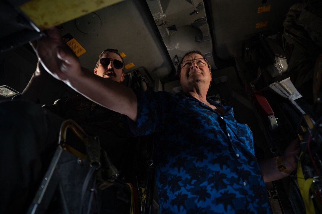 Daniel Novick, a former B-1B Lancer defensive systems operator assigned to the 77th Bomb Squadron, explores the interior of a B-1B during a base tour at Ellsworth Air Force Base, South Dakota, July 21, 2023.